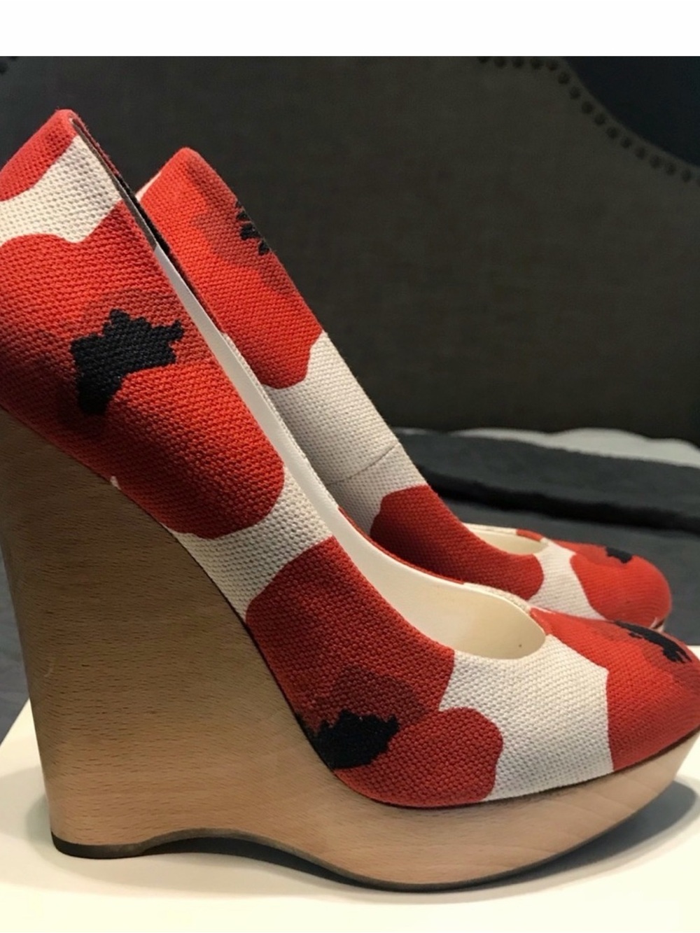 Yves Saint Laurent Red White and Black Floral Canvas Wedge Pumps